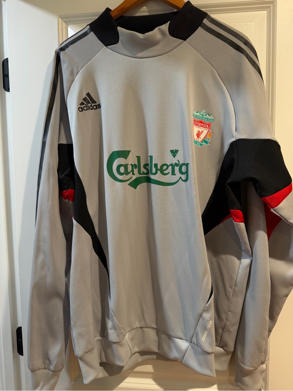 Liverpool adidas Gray Crewneck Sweater with Black and Red Accents